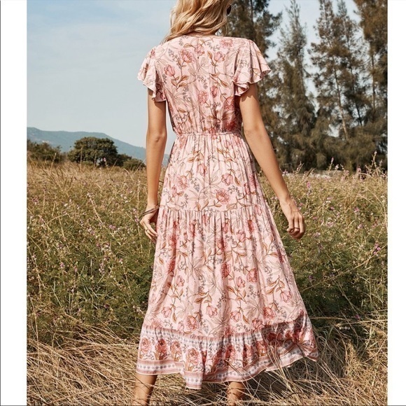 Floral Flutter Sleeve Tiered Midi Dress in Pink - Picture 3 of 5
